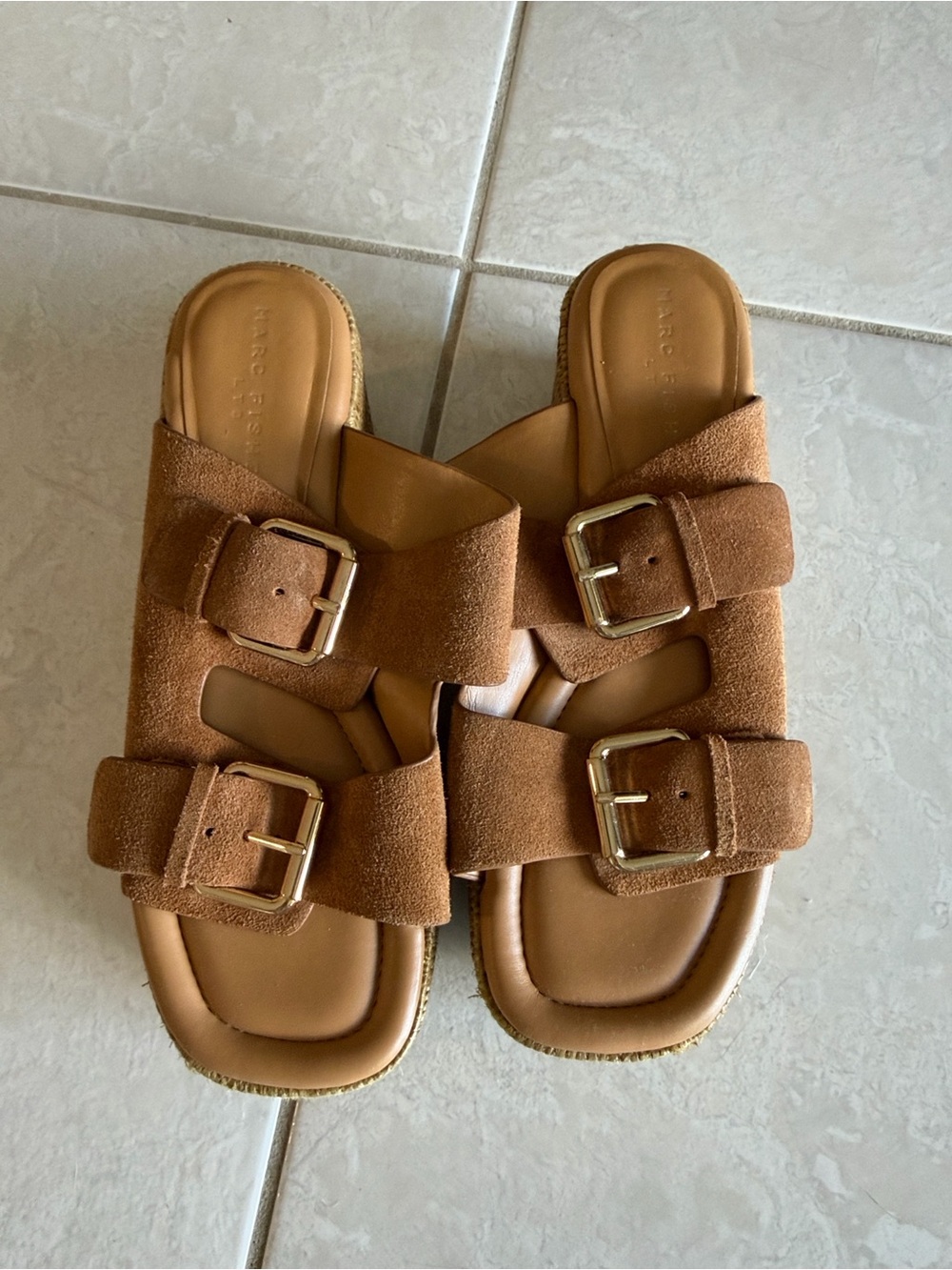 Brown Suede Double-Buckle Slide Sandals